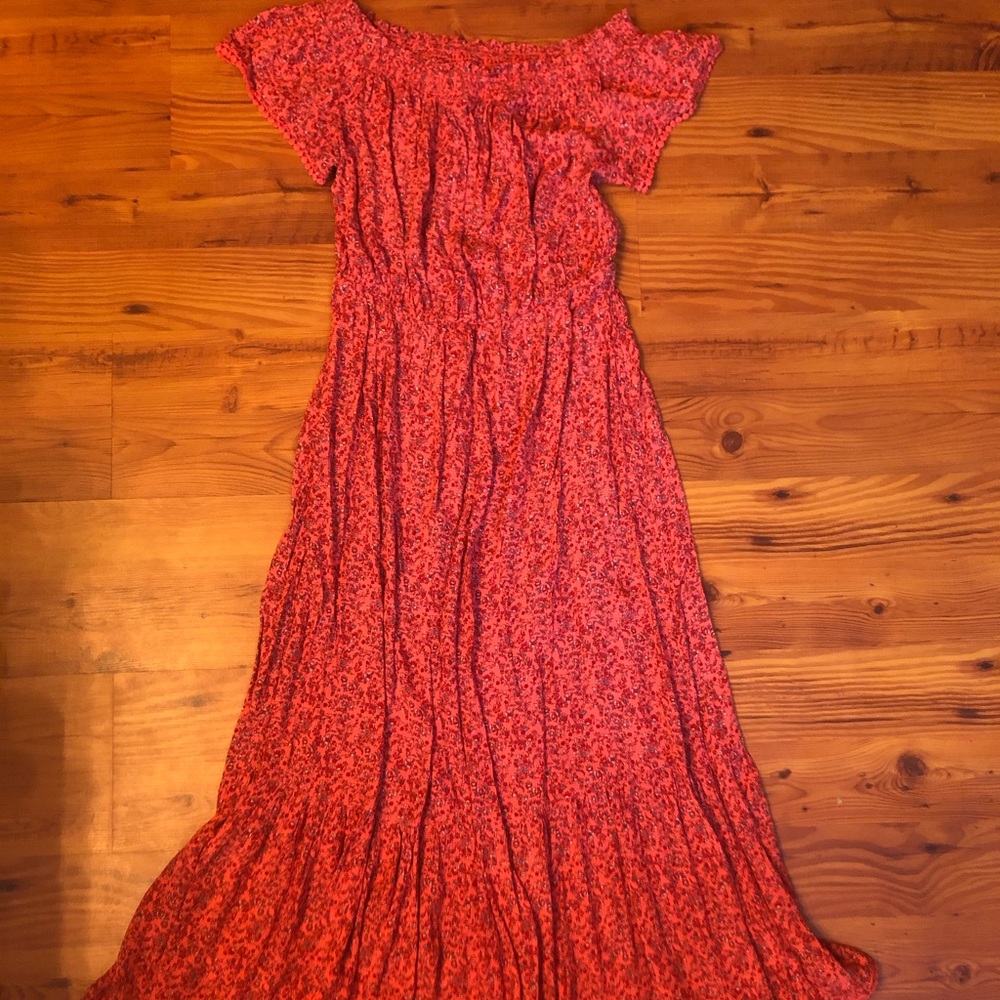 Red, ditsy floral maxi dress